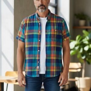 Club Room Mens Plaid Casual Button Down T-Shirt